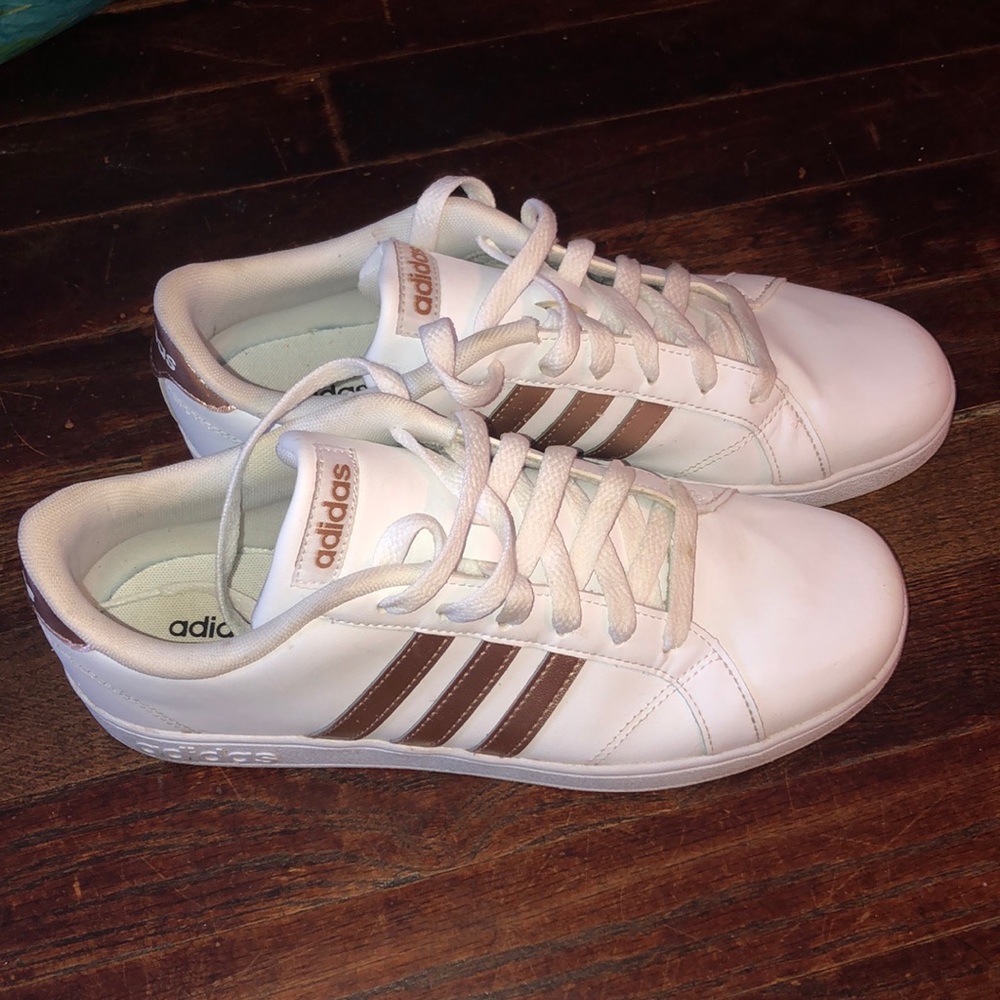 white and rose gold adidas sneakers!!